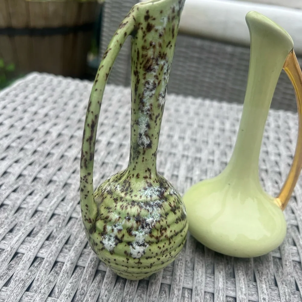 Pair of Vintage Miniature Ceramic Pitcher Vases Green Speckled Pale Yellow Gold